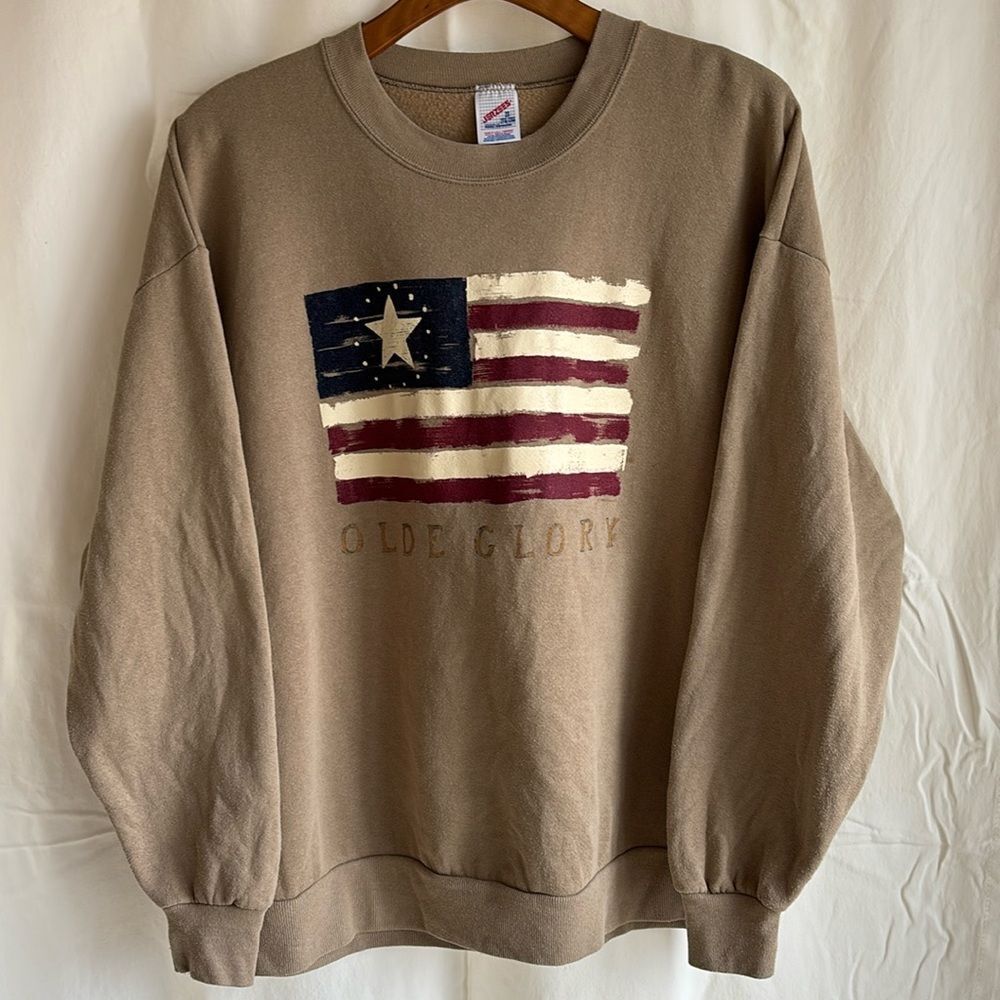 Vintage Brown sweatshirt Jerzees USA American Flag distressed y2k America